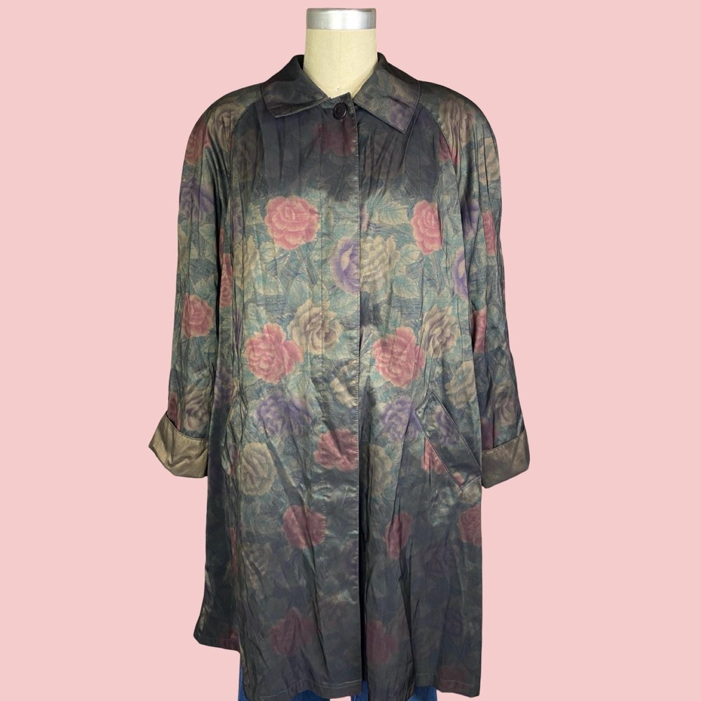 Vintage‎ Iridescent Floral Trench Coat, Cottagecore Windbreaker, Size 10